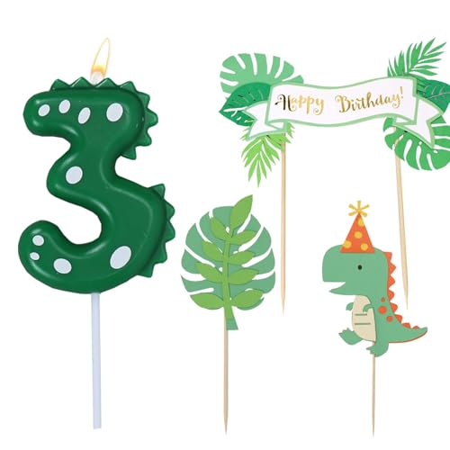 Velas Cumpleaños Números, Velas Dinosaurio 3 Años, con Topper Tarta, Números 3 Vela Verdes,...