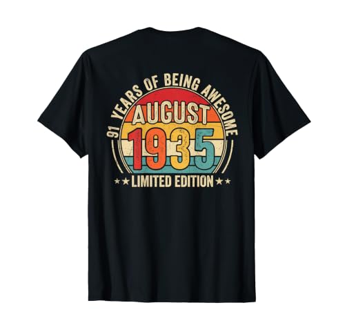 (Back) Impresionante Desde Agosto de 1935 Vintage Retro 91 cumpleaños Camiseta