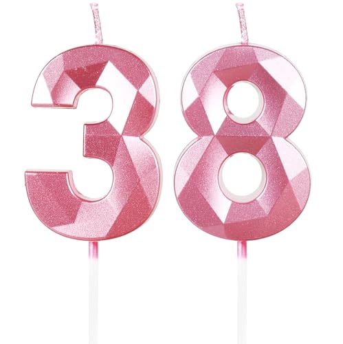 Velas de Cumpleaños 38 Años Rosa, Decoraciones para Hombres y Mujeres, Número 38 3D para Tarta,...