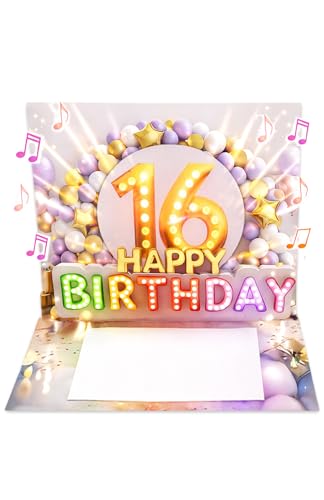 Joli Coon Tarjeta de cumpleaños 16 con música y luz - Tarjeta pop up 3D cumpleaños 16 chica con...