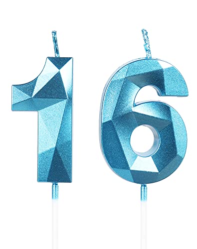 3D Velas de cumpleaños, vela número 16, azules, para pasteles, feliz cumpleaños, tartas, fiestas,...