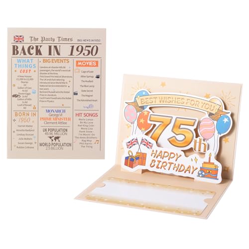 HOMANGA Tarjeta de cumpleaños número 75, tarjeta vintage de regreso a 1950 con sobre, tarjetas 3D...