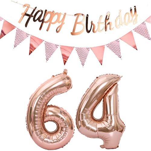 Globos 64 cumpleaños decoración mujer oro rosa+Guirnalda feliz cumpleaños +cadena de gallardetes...