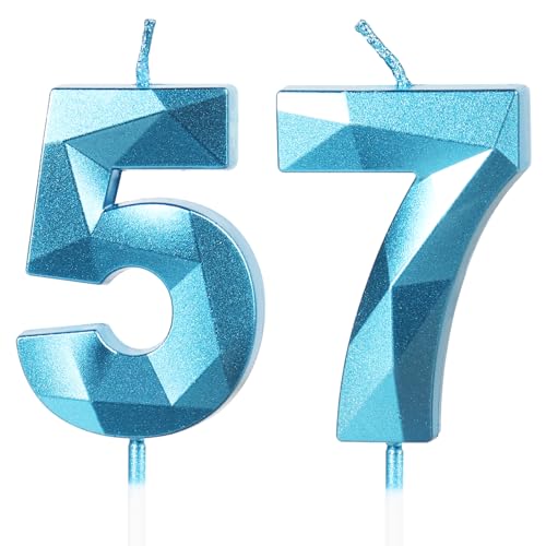 Velas de Cumpleaños 57 Años Azul, Decoraciones para Hombres y Mujeres, Número 57 3D para Tarta,...