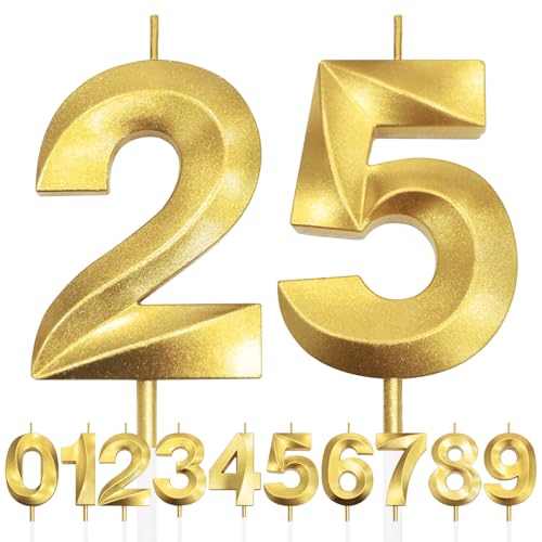 25th Vela de Cumpleaños con Purpurina Dorada y Diseño 3D - Número 25 Velas con Números,...