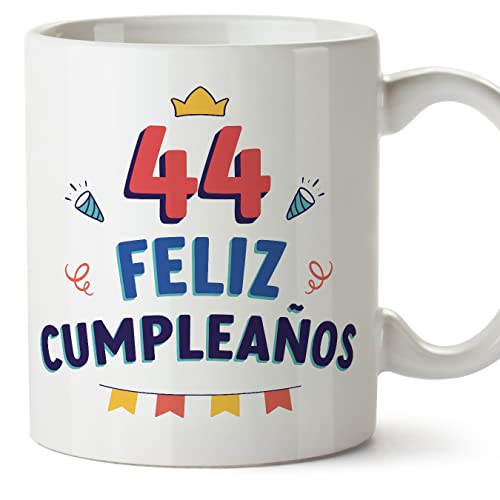 MUGFFINS Tazas 44 Cumpleaños - En Español - ¡Feliz Cumpleaños! - 11 oz / 330 ml - Regalo original y divertido