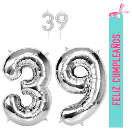 OH YEAH - Set Decoración Cumpleaños 39 Años plateado – Globos Números Foil 100 cm + Velas +...