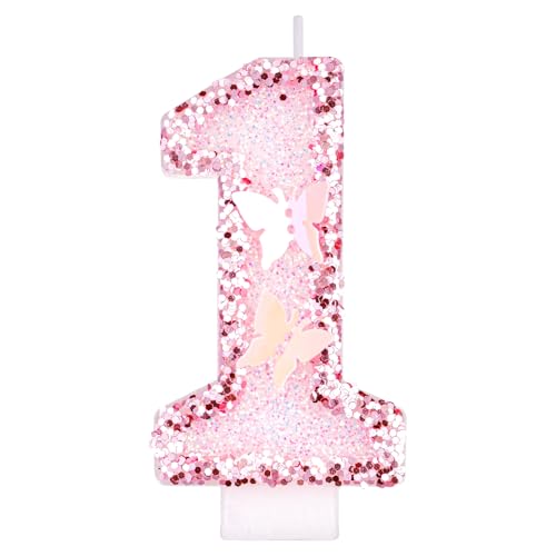 Alaoo Velas Cumpleaños Números 1,3D Mariposas Rosa Vela,Vela de Número 1 de Pastel...