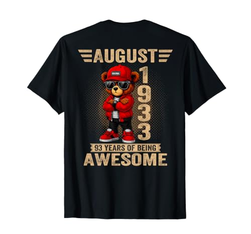 (En la Parte Trasera) Agosto 93 Cumpleaños Hombres Mujeres 1933 Oso de Peluche Camiseta