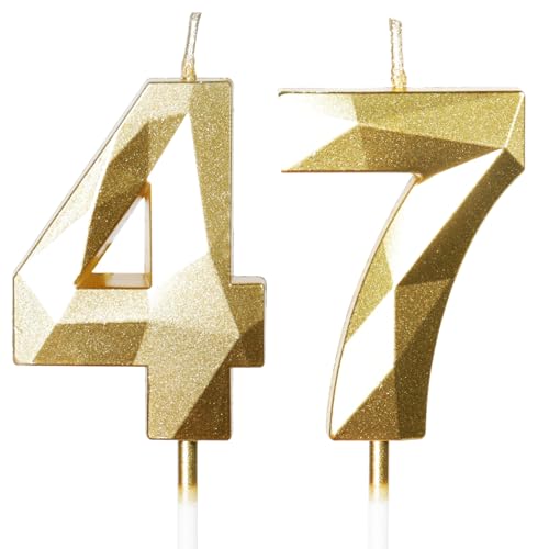 Yiran Velas de Cumpleaños 47 Años Dorado, Decoraciones para Hombres y Mujeres, Número 47 3D para...