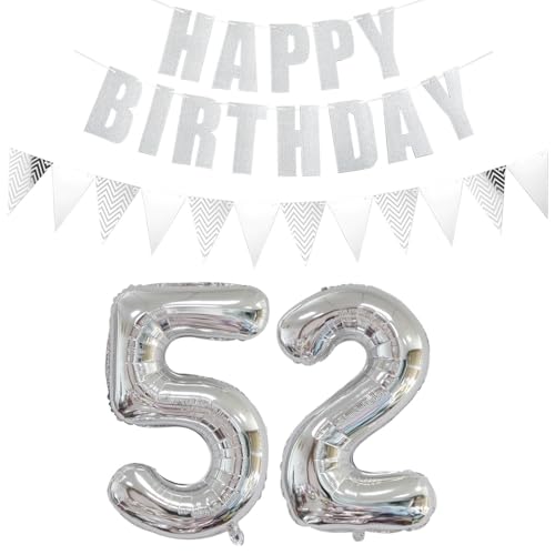 Globos con número 52 de plata + guirnalda de feliz cumpleaños + pancarta globo de papel de...