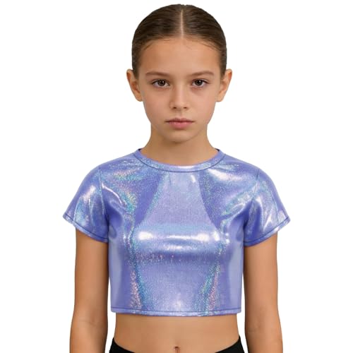 Camiseta de baile de manga corta metálica para niñas, camiseta de baile para actuaciones,...