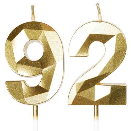 Velas de Cumpleaños 92 Años Dorado, Decoraciones para Hombres y Mujeres, Número 92 3D para Tarta,...