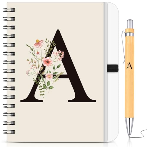 BBTO Set de Cuaderno y Bolígrafo Personalizado con Inicial A, Cuaderno Espiral Floral B6 con...