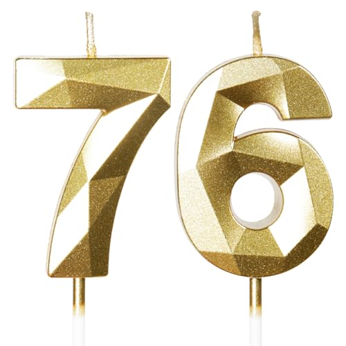 Yiran Velas de cumpleaños número 76, velas doradas con el número 76, decoraciones para tartas...
