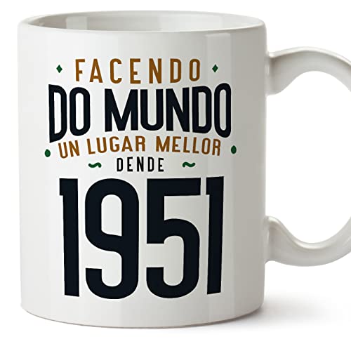 MUGFFINS Tazas 1951 Cumpleaños - En Gallego - Facendo do Mundo un Lugar Mellor - 11 oz / 330 ml -...