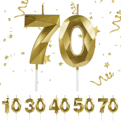 URAQT Vela de cumpleaños,3D Velas de Pastel de Cumpleaños Doradas,vela número 70,vela de...