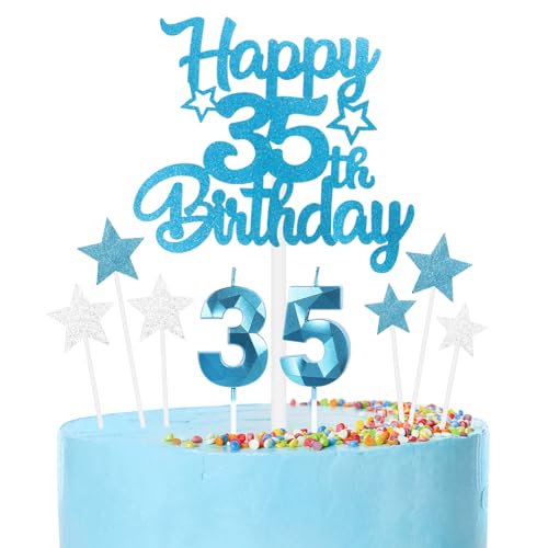 mciskin Conjunto de velas de cumpleaños de 35 años azules,Vela número 35 para pastel,Decoraciones...