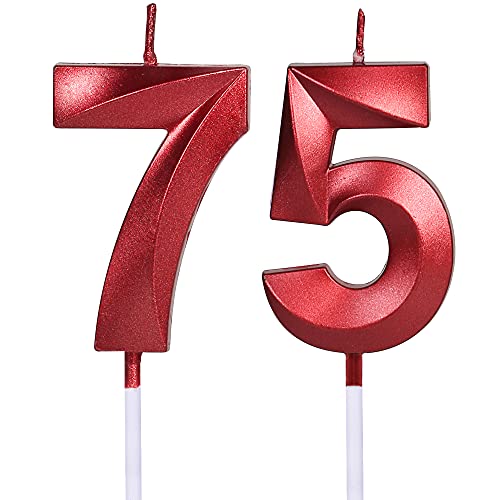 Velas rojas para tartas de 75 y 57 cumpleaños, número 75 57 con purpurina para decoración de...