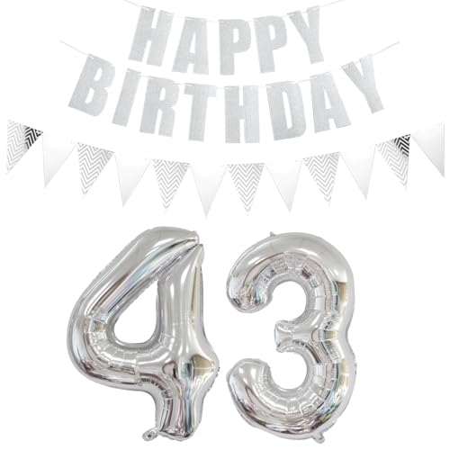 Globos con número 43 de plata + guirnalda de feliz cumpleaños + pancarta globo de papel de...