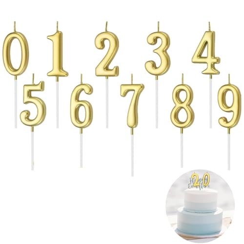 Velas de Cumpleaños Numéricas 0-9,10 Piezas en Color Oro Brillante - Toppers para Pastel,...