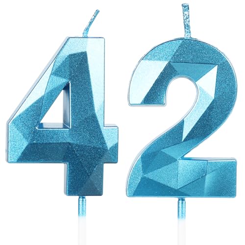 Velas de Cumpleaños 42 Años Azul, Decoraciones para Hombres y Mujeres, Número 42 3D para Tarta,...
