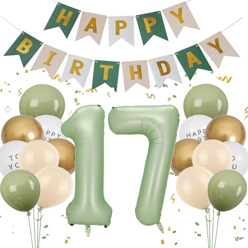 Decoracion Cumpleaños 17 años Oro Verde, Globos 17 Cumpleaños Chico Chica, Guirnalda Feliz...