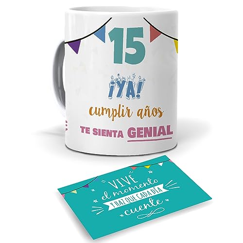 mundohuevo Taza: 15 ¡YA! cumplir años te sienta genial y tarjeta con mensaje, escribe una...