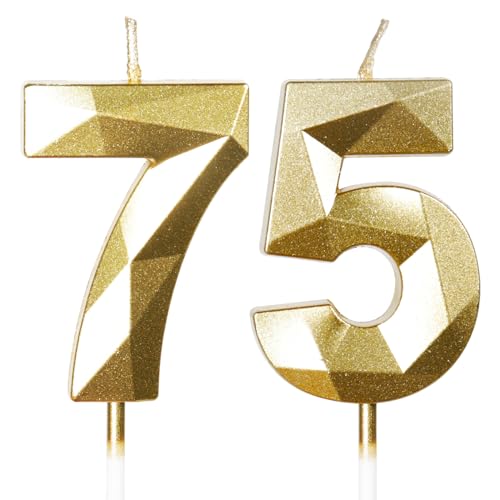 Velas para el 75º aniversario, vela en forma de cifra 75, velas doradas, vela de cumpleaños para...