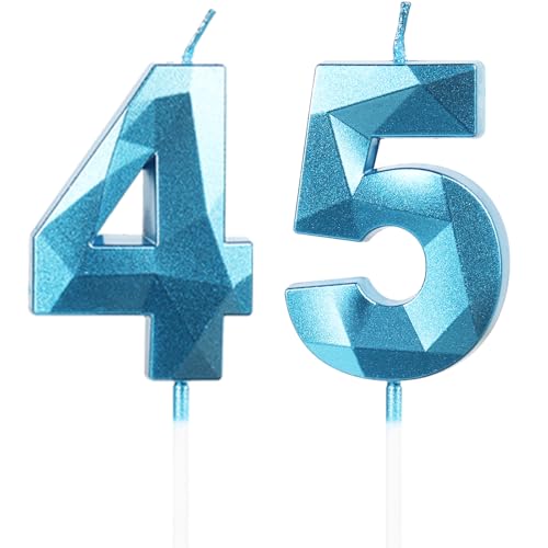 Yiran Velas de Cumpleaños 45 Años Azul, Decoraciones para Hombres y Mujeres, Número 45 3D para...
