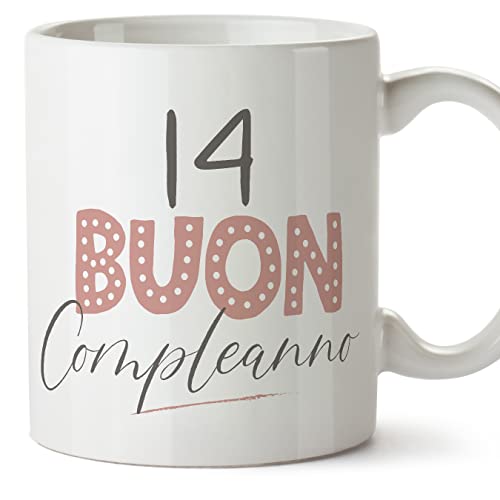 MUGFFINS Tazas 14 Cumpleaños - En Italiano - Buon compleanno! Rosa - 11 oz / 330 ml - Regalo...