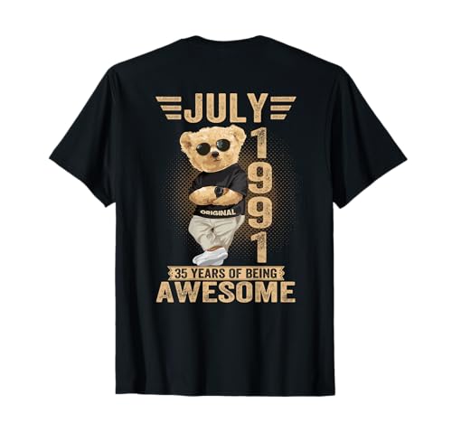 (En la Parte Posterior) 35 de Julio cumpleaños Hombres Mujeres 1991 Oso de Peluche Camiseta