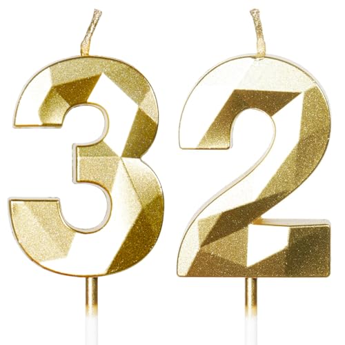 Yiran Velas de Cumpleaños 32 Años Dorado, Decoraciones para Hombres y Mujeres, Número 32 3D para...