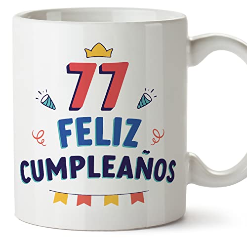 MUGFFINS Tazas 77 Cumpleaños - En Español - ¡Feliz Cumpleaños! - 11 oz / 330 ml - Regalo original y divertido