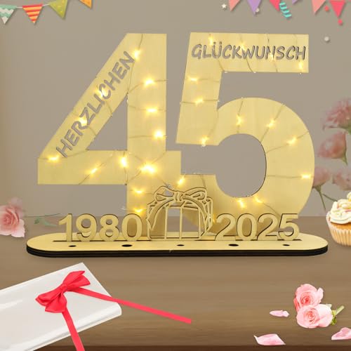 Seutgjie Deko 45 Geburtstag Frauen Männer 1980-2025 Geldgeschenk mit LED Lichterkette Fliege und...