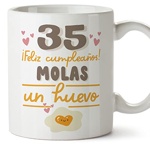 MUGFFINS Tazas 35 Cumpleaños - En Español - Feliz Cumpleaños Molas un Huevo - 11 oz / 330 ml - Regalo original y divertido