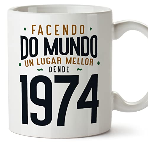MUGFFINS Tazas 1974 Cumpleaños - En Gallego - Facendo do Mundo un Lugar Mellor - 11 oz / 330 ml -...