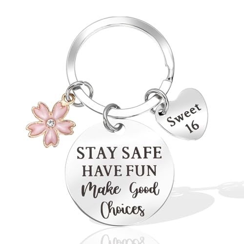 Ouligay Tyqour Sweet 16 llaveros corazón inspirador 16 cumpleaños llavero Stay Safe Have Fun para...