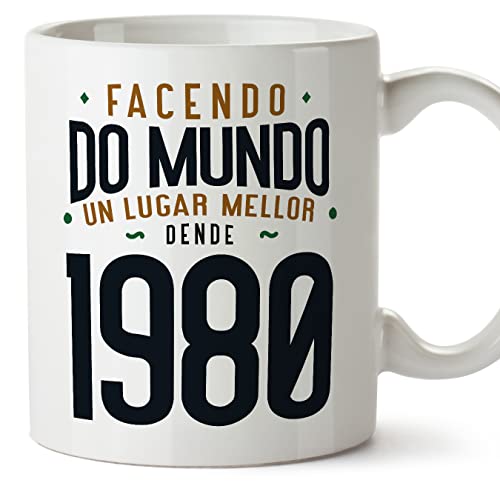 MUGFFINS Tazas 1980 Cumpleaños - En Gallego - Facendo do Mundo un Lugar Mellor - 11 oz / 330 ml -...