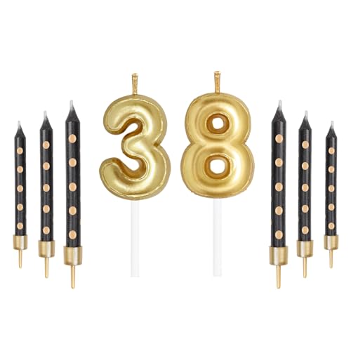 Juego de velas de números dorados con puntos negros, velas de feliz cumpleaños 38 para pasteles,...