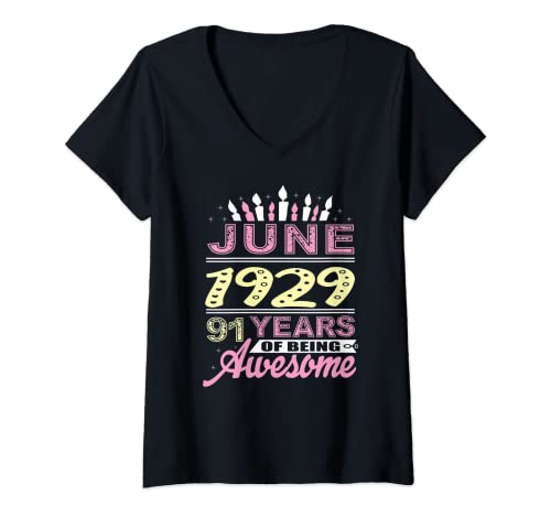 Mujer Junio 1929 91 años de edad 91 cumpleaños fiesta regalo vela Camiseta Cuello V