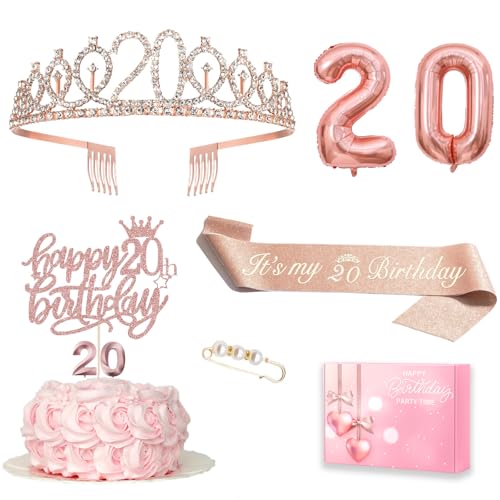 Decoración de cumpleaños número 20 para mujer: corona, faja y decoración para tartas con velas,...