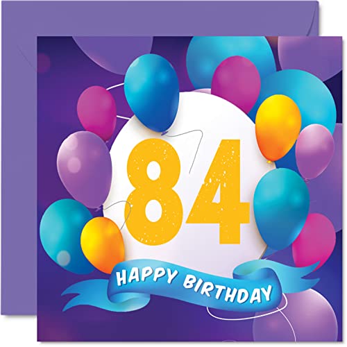 Tarjeta cumpleaños 84 hombres mujeres, fiesta en globo, tarjetas feliz cumpleaños hombre 84 años, mujer, abuelo, abuela,, niñera, mamá, papá, 145 mm x 145 mm, tarjetas felicitación cumpleaños 145 mm