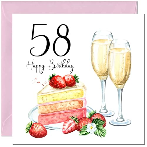 Tarjeta de cumpleaños número 58 para mujer, fresas y pastel, tarjetas de cumpleaños para mujer de...