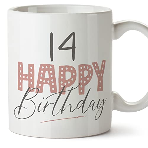 MUGFFINS Tazas 14 Cumpleaños - En Inglés - Happy Birthday! Pink - 11 oz / 330 ml - Regalo original...