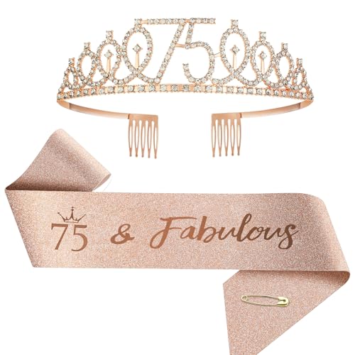 Juego de banda y corona de cumpleaños número 1-100 para mujeres y niñas (75 años, estándar)
