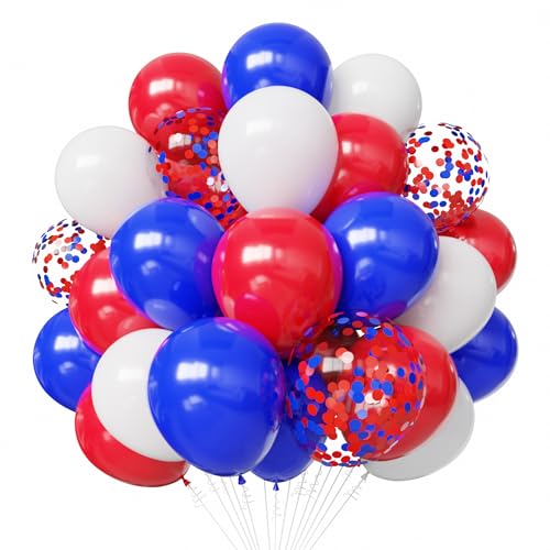 Globos de látex rojo, blanco y azul, 50 unidades de 12 pulgadas rojo y azul con globos de confeti...