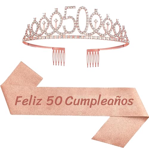 Feliz 50 Cumpleaños Faja de Satén Oro Rosa Feliz Cumpleaños Cumpleaños Sash 50th Diadema Tiara...