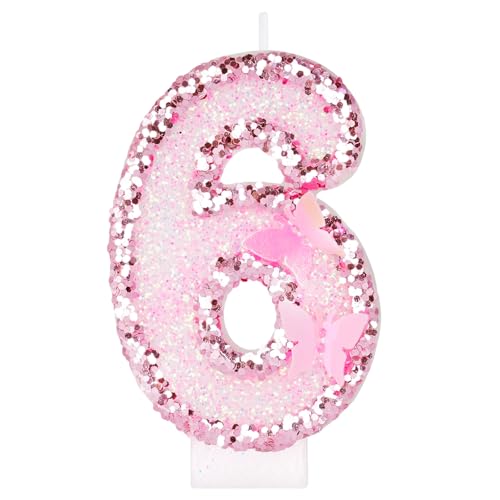 Alaoo Velas Cumpleaños Números 6,3D Mariposas Rosa Vela,Vela de Número 6 de Pastel Decoración...