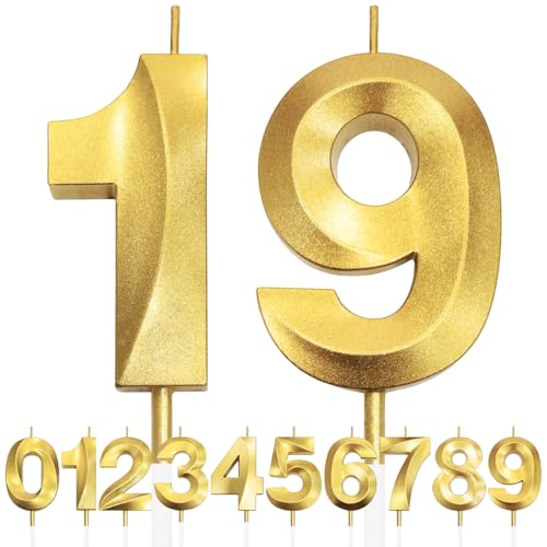 19th Vela de Cumpleaños con Purpurina Dorada y Diseño 3D - Número 19 Velas con Números,...